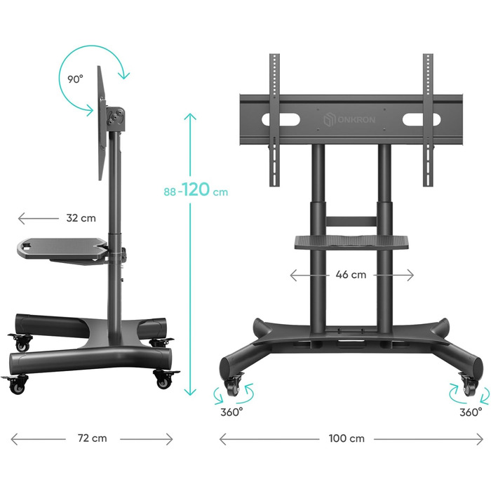 Рулонна підставка під телевізор ONKRON 32-70 дюймів, регулювання висоти та нахилу, макс. 45 кг, VESA 600x400, чорний