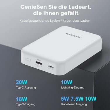 Бездротовий блок живлення NOHON Magnetico 10000mAh, 20 Вт USB-C, сумісний з iPhone15-12, білий