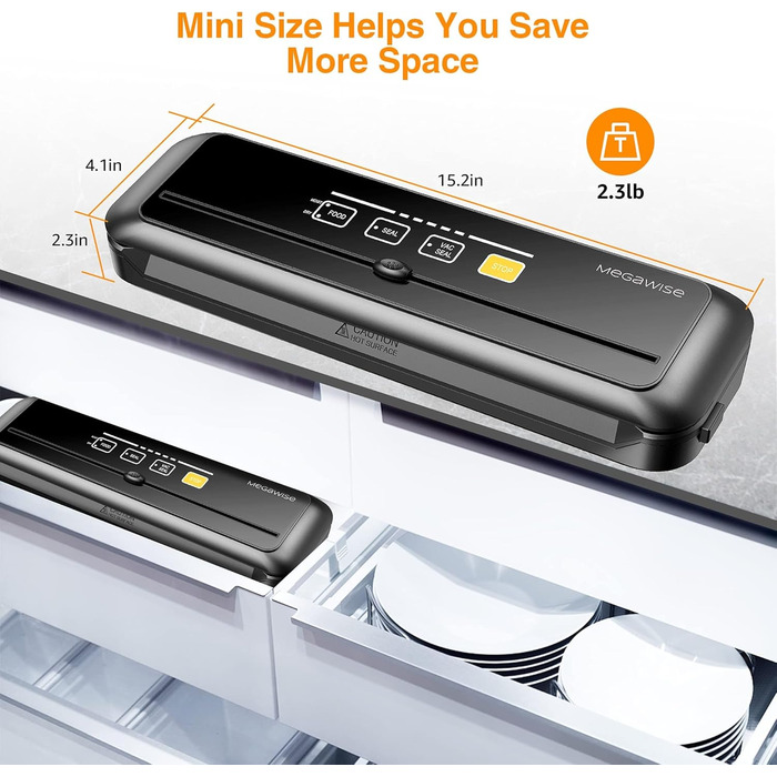 Вакууматор Megawise для продуктів з потужністю 80 кПа, автоматичний вакуумний пакувальник з режимами для сухих та вологих продуктів, чорний (комплект з 10 пакетами та різаком)