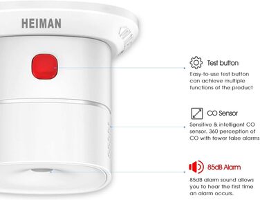 Детектор чадного газу HEIMAN з Wi-Fi, 10 років служби, сумісний з Tuya/SmartLife, EN50291, портативний (HS1CA)