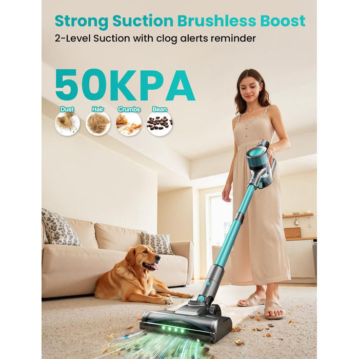 Бездротовий пилосос Dzaki 45000Pa з акумулятором, дисплеєм та антизаплутувальною насадкою для твердих поверхонь, килимів, шерсті тварин та авто (блакитний)