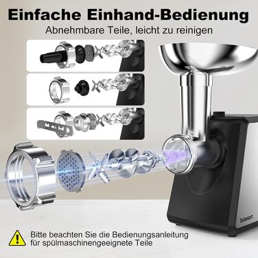 Електрична м'ясоподрібнювач Fleischwolf Juissiart: подрібнювач, фарш, ковбасний насадка, нержавіюча сталь, 3 диски, для кеббе, універсальний
