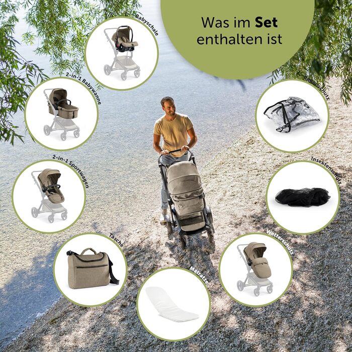 Дитяча коляска Bergsteiger Lugo 3в1 | Комплект 3в1 з аксесуарами - автокрісло, блок для прогулянок, сонцезахисний козирок та вітрозахисний чохол | Доступна Isofix база (колір: коричневий, рама: чорна)