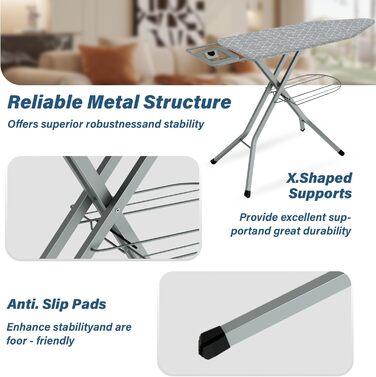 Прасувальна дошка STANEW XXL 120 x 45 см – розкладна та регульована по висоті, з системою безпечного закривання, підставкою для праски та неслизькими ніжками