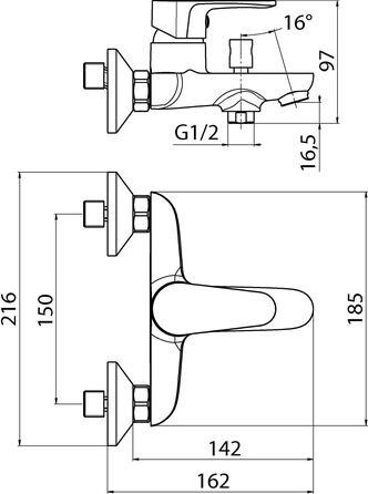 Змішувач для ванни aquaSu Basic 863 з перемикачем, тип 1/2 ' душовий вихід внизу, настінний, стандартні S-подібні з'єднання, керамічний картридж, латунний сердечник, хромований, 797887 (хром - Perry)