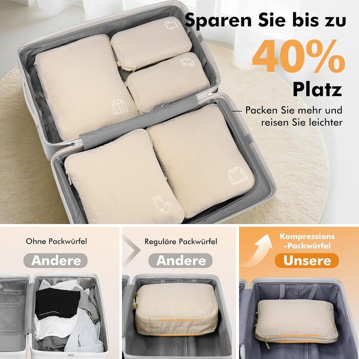 Набір органайзерів для одягу в подорож Compression Packing Cubes, компресійні сумки для валізи та рюкзака, нейлонові органайзери для речей, бежевий, 5 шт.