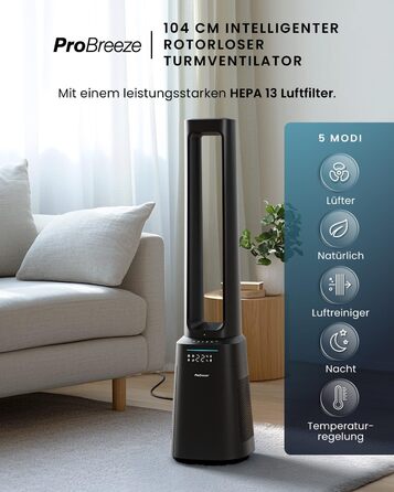 Вентилятор Pro Breeze OmniAir з очищувачем повітря, 105 см - безлопасний, осциляція 75°, пульт, HEPA 13, LED дисплей, 10 швидкостей, тихий, 5 режимів, Smart App, чорний