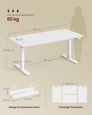 Стол для роботи VASAGLE з регулюванням висоти 160x80 см, USB-C, підставка для розеток, стоячий стіл, нагадування про перерви, 3 пам'яті, для офісу, матовий білий