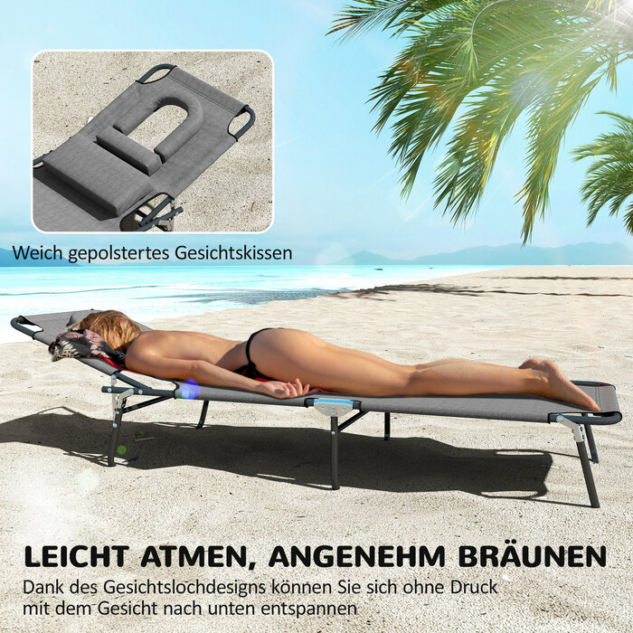 Лежак для відпочинку на сонце з отвором для обличчя та подушкою, складаний, з водовідштовхувальним покриттям, металевий каркас, темно-сірий