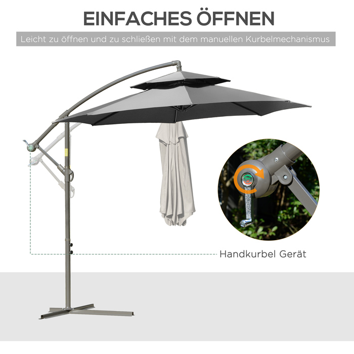 Outsunny Parasol Centilever Parasol Ø2.67 x 2.45 м Кривошипна парасолька з подвійним навісом Поперечна основа Сталь Сталевий Поліестер Сталь Світло-Сірий