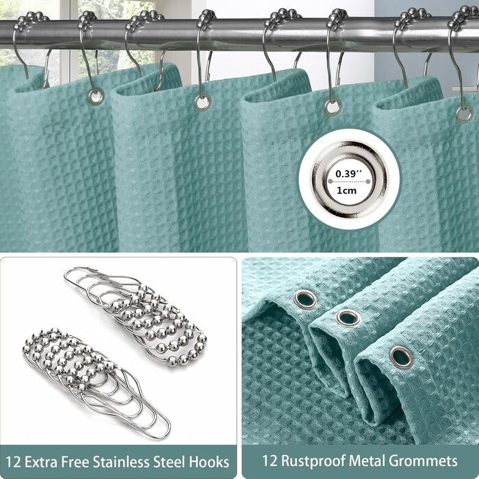 Шторка для душу з льону з металевими кільцями, тканинна, текстильна, для ванни, антигрибкова, водонепроникна, важка, для ванної кімнати, 182 x 182 см (Морська синя) (Вафля - Турквіс, H214 x B182 см (1 шт))
