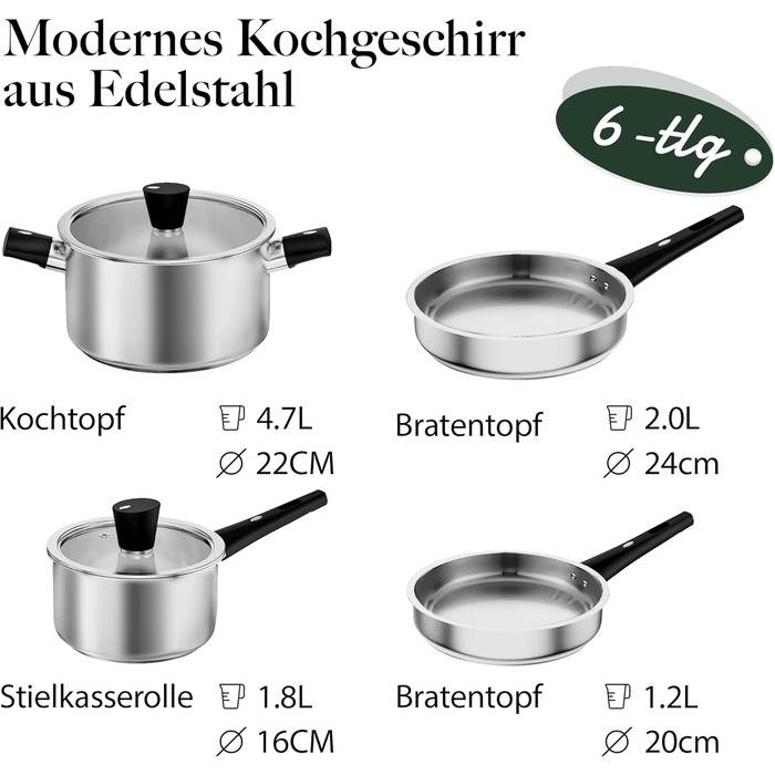 Набір каструль 6 шт. з нержавіючої сталі для індукційних плит, Cookware Set, нержавіюча сталь, без антипригарного покриття, сумісний з усіма типами плит, з кришкою та захистом від опіків, для посудомийної машини