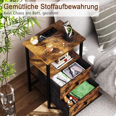 Нічний столик AMHANCIBLE з зарядкою, приліжний столик з висувними ящиками з тканини, журнальний столик з відкритою полицею, з 2 USB-портами та 2 розетками, для спальні, вітальні, HETS020GY-1 (Коричневий)