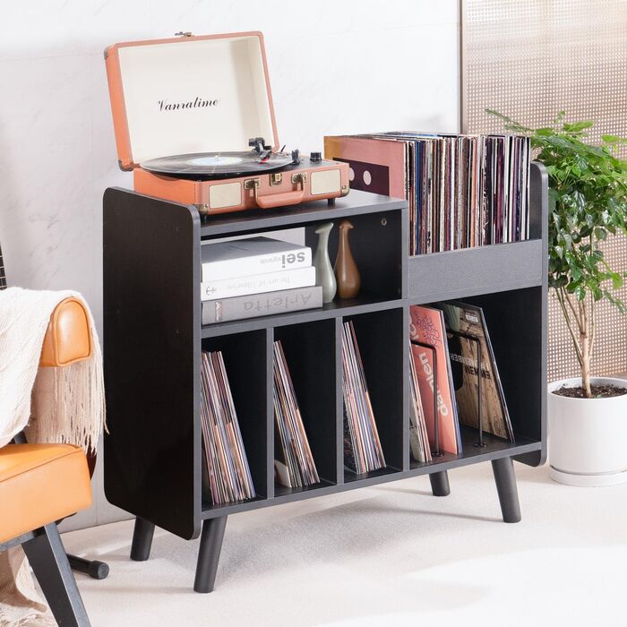 Стіл для програвача, стійка для програвача середини століття з місцем для зберігання вінілу (до 350+ платівок), шафа для вінілових платівок з регульованими полицями (Чорний)