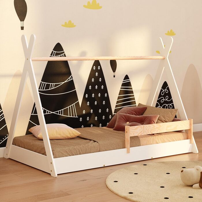 Дерев'яне ліжко-дитяча кімната Smartwood Hausbett: Монтессорі Тіпі з сосни з сертифікатом FSC, захист від падіння та ламелі до 230 кг, для хлопчиків та дівчаток, проста збірка (70x140, білий)