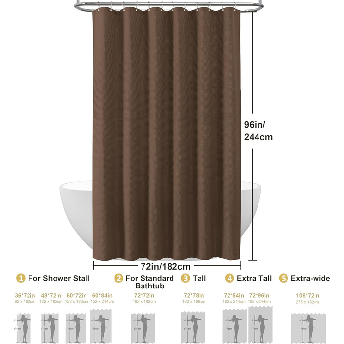Шторка для душу з льону з металевими кільцями, сіра, 182 x 214 см - Текстильна шторка для ванни, вологостійка, важка