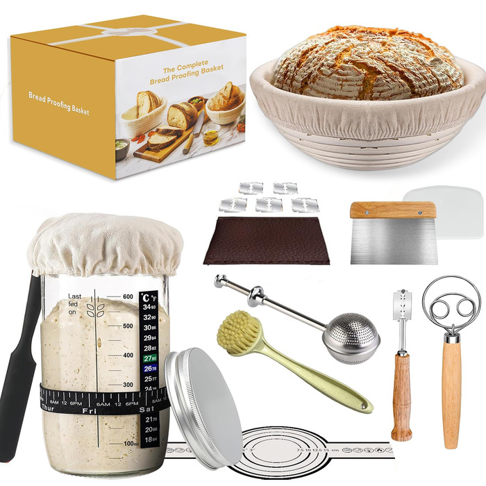 Набір для приготування закваски: кошик для бродіння (Banneton), скляна тара, ніж для хліба (Bread Lame), скребок для тіста, скребок-лопатка та силіконовий хлібний гребінець