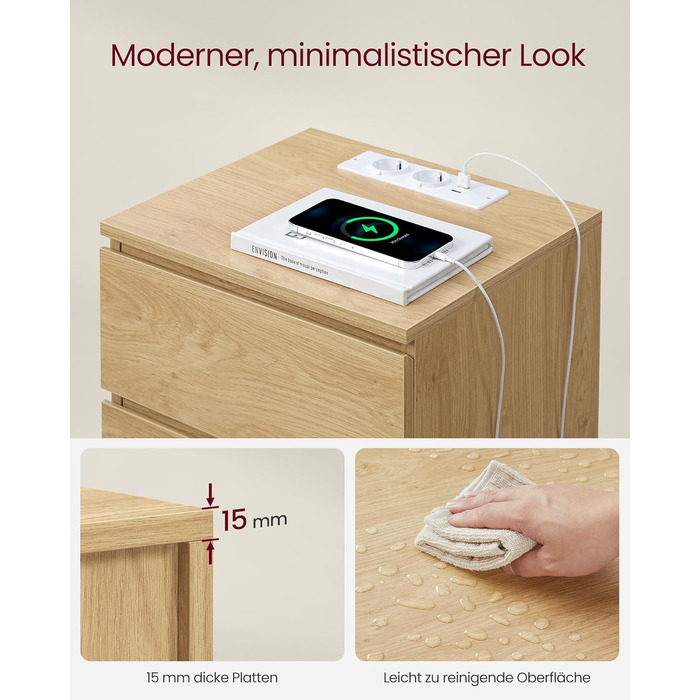 Приліжкова тумбочка VASAGLE Kailyn з розетками та USB-портами, 3 шухляди, сучасний дизайн, сіро-коричневий колір, LET831G01