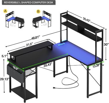 Кутовий ігровий стіл Aheaplus з LED-підсвіткою та розетками, стіл для комп'ютера L-подібної форми з підставкою для монітора та полицею, кутовий стіл для дому та офісу