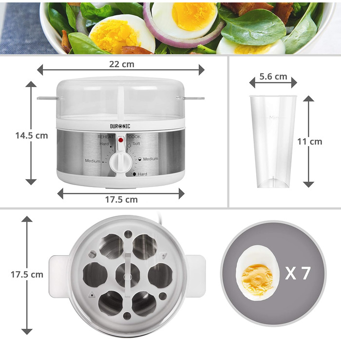 Яйцеварка Duronic EB35 WE До 7 варених яєць Регулювання жорсткості м'яка, середньої жорсткості Функція продовження приготування яєць Включає мірний стаканчик і пірсер для яєць Для ідеального яйця на сніданок 350 Вт