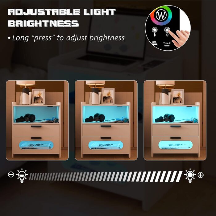 LED тумба Gurexl, комплект 2 шт., з USB Type-C зарядкою, 24-рівневе димування, сенсор, 2 шухляди, глянцева, для спальні, біла