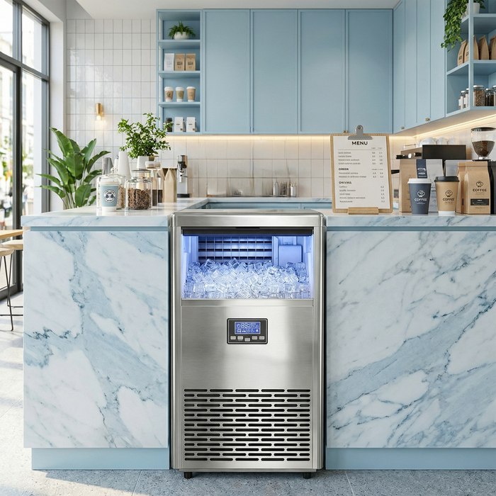Промисловий льодогенератор на 45 кг/24 год, з нержавіючої сталі, об'ємом 15 кг, з функцією самоочищення, сріблястого кольору