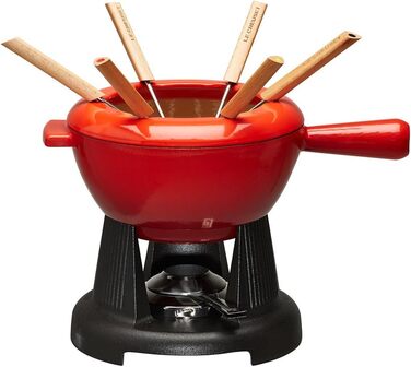 Фондю-набір Le Creuset з чавуну, 2,0 л, червоний (Kirschrot), з 6 виделок, кришкою та підставкою
