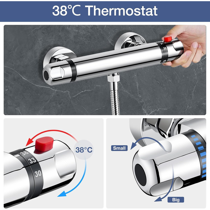 Змішувач для ванни з термостатом, накладний, хром, латунь, з кнопкою безпеки 38°C, для ванни, душ