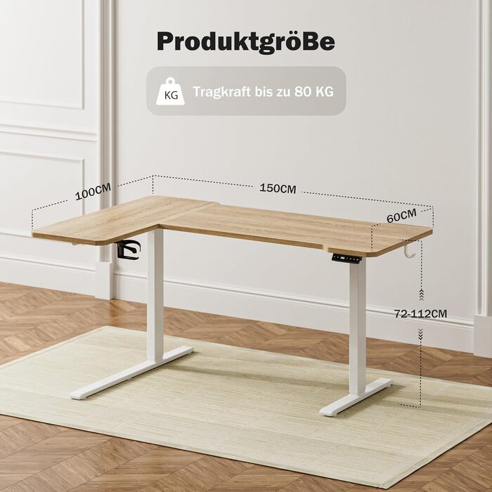 Стол письмовий L-подібний, регульований по висоті, 150 x 100 см, електричний, ергономічний, з підстаканниками та гачками, коричневий