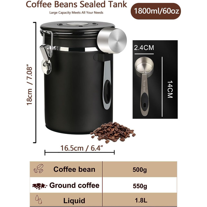 Герметична кавова банка з нержавіючої сталі, 1,8L, з датчиком дати, CO2-вентилем та мірною ложкою, для кави, чаю, горіхів, какао, чорна