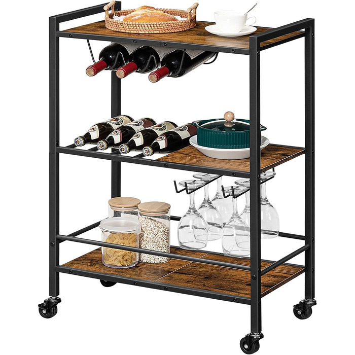 Сервізний візок HOOBRO: візок для кухні, барний візок з замком, візок для вина, вінтажний коричнево-чорний, EBF35TC01G1