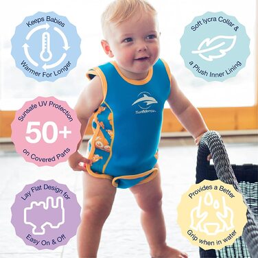 Наш дитячий гідрокостюм преміум-класу на 0-24 місяці, купальний костюм / купальник з плоским і щільним дизайном і захистом від ультрафіолету 50 (темно-синій в горошок, 12-24 місяці) (0-6 місяців, фігурки рожевого кольору)