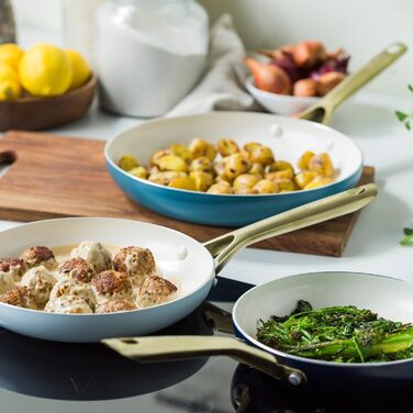 Набір сковорідок GreenPan Shades з керамічним антипригарним покриттям, 3 шт., діаметр 20/24/28 см, без PFAS, для індукційних плит, з ручками з нержавіючої сталі, придатні для миття в посудомийній машині та для використання в духовці, колір Terra (блакитни