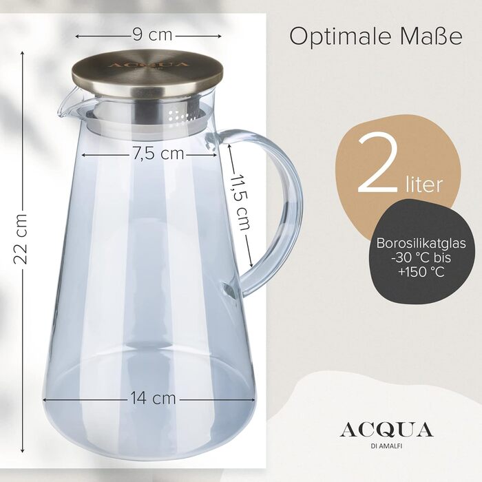Скляна карафа ACQUA DI AMALFI® 2 літри з нержавіючою сталлю/бамбуком, для води та фруктів, витоки неможливі, також як чайник (Blue/Steel)