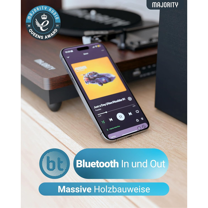 Вініловий програвач Majority Moto Plus з Bluetooth, вбудованими динаміками, USB-записом, касетою преміум-якості, адаптером 45 об/хв та фетровим килимком