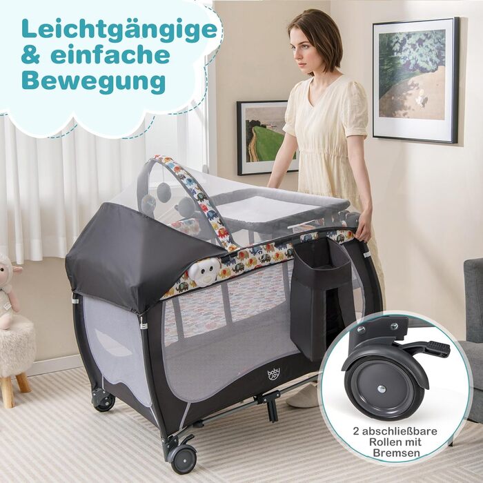 Дитяче ліжко-манеж DREAMADE 102x72 см, 3 в 1 з матрацом, москітною сіткою та пеленальним столиком, для немовлят та дітей 0-36 місяців (кольоровий)