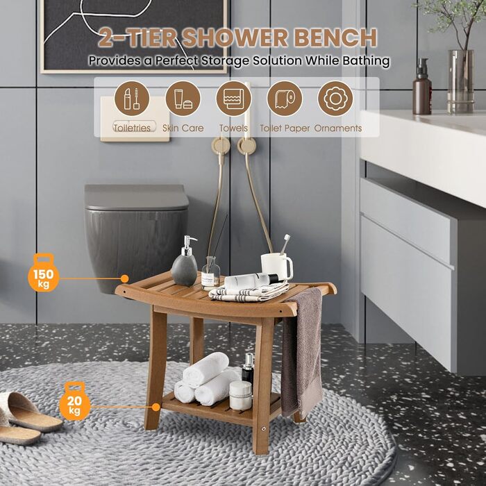 Двомісний стілець для душу HOMASIS з полицею, витримує до 170 кг, з HDPE, з 2 ручками та антиковзними накладками, для літніх людей та дорослих (колір: коричневий)