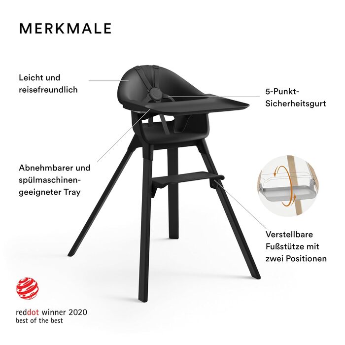 Дитячий стільчик Stokke Clikk, Чорний Midnight – Комплект з підносом та ременем безпеки, ергономічний, регульований, для дітей 6-36 місяців (до 15 кг)