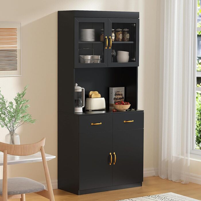 Кухонна шафа VOWNER з робочою поверхнею, буфет на кухню з 4 шафами, вітрина, буфет з регульованими полицями, 80 x 40 x 180 см, для кухні, вітальні, офісу, їдальні (білий) (чорний)