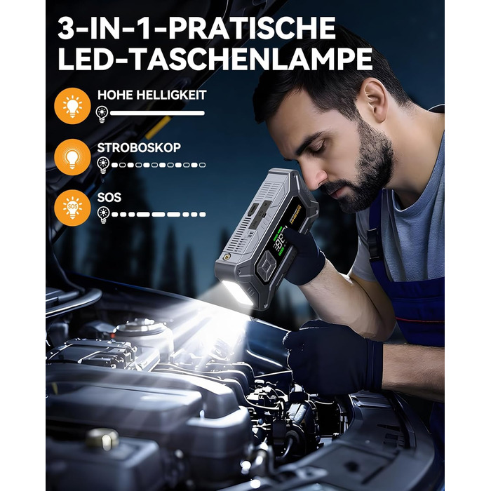 Портативний пусковий пристрій 8000A з повітряним компресором 160 PSI для бензинових та дизельних двигунів (до 10л), з дисплеєм та аварійною світлодіодною лампою