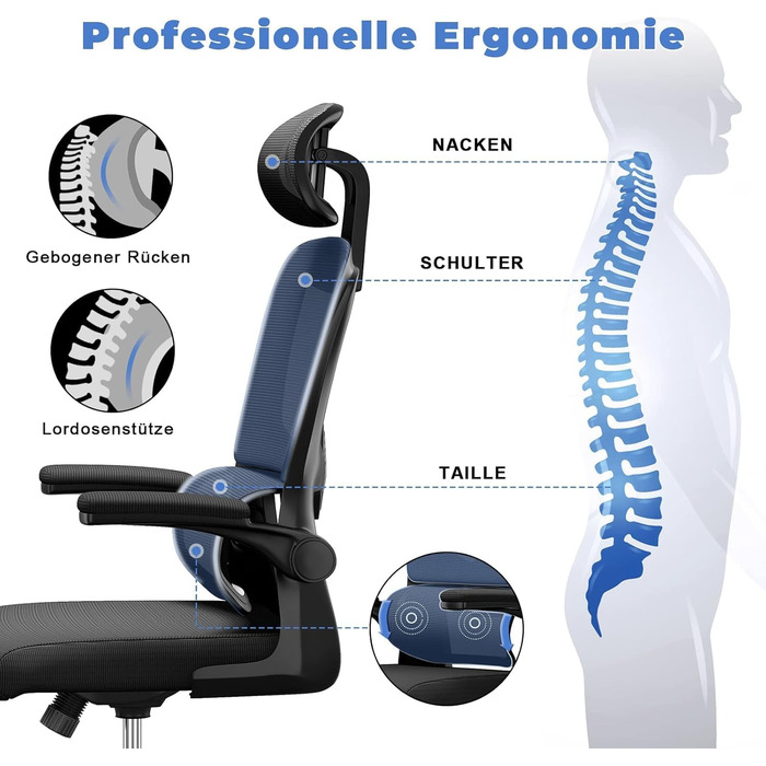 Офісний стіл Naspauluro: ергономічне крісло з регульованою підголівником, підлокітниками та підтримкою попереку. Дихаючий сітчастий чохол для дому та офісу. Чорний колір, з підголівником.