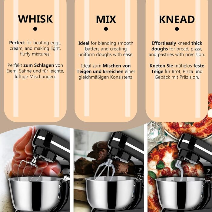 Кухонна машина Retoo 3-в-1 з нержавіючою чашею 6 л, 2000 Вт, 6 швидкостей, планетарний міксер, вінчик, гак для тіста, захист від бризок