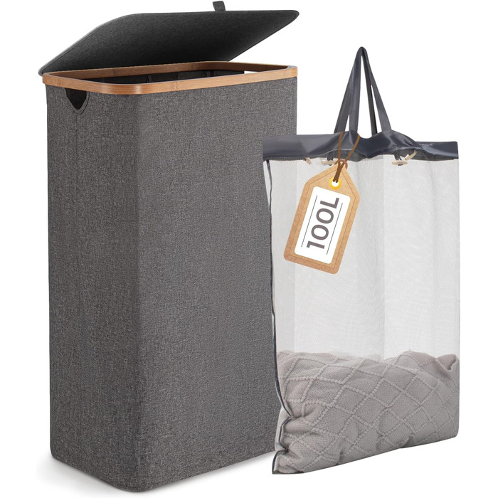 Кошик для білизни Rieeyrslza з кришкою, 158 л, бамбук, 2 мішки, Oxford, складний, сортувальник, для ковдр та одягу (сірий)