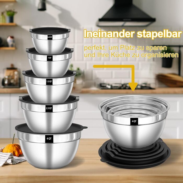 Набір мисок для перемішування 5 шт. з нержавіючої сталі, набір салатників з герметичними кришками, 3 насадки-тертки, об'єм 4.5L, 2.7L, 1.6L, 1.1L, 0.7L, скляні, розбірні, можна мити в посудомийній машині