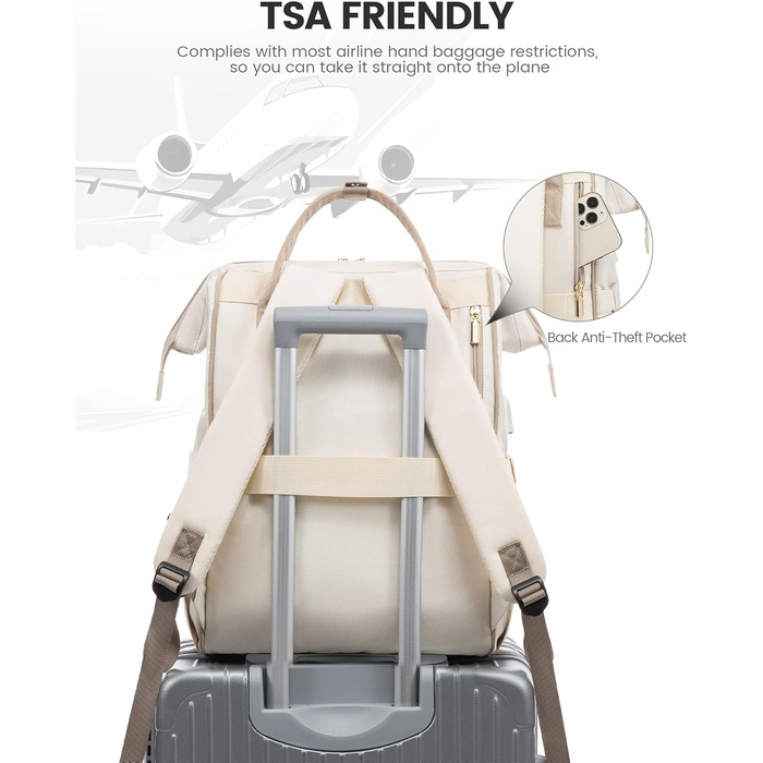 Сумка-рюкзак LOVEVOOK для жінок, велика, 17.3 дюйми, для ноутбука, роботи, подорожей, школи, університету, офісу, водовідштовхувальний, бежевий