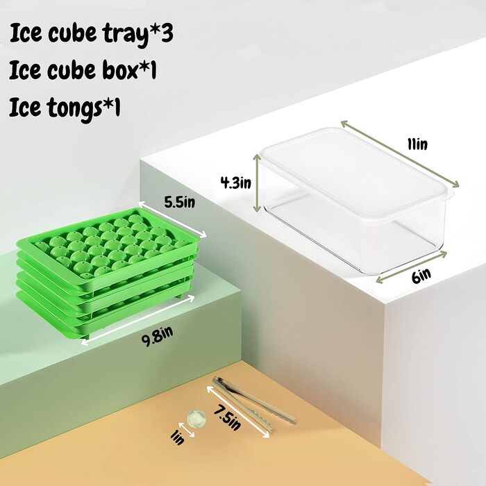 Форма для кубиків льоду AcrossSea з контейнером для льоду, круглий лоток для кубиків льоду з кришкою і Штабельований, 2,5-сантиметровий куля для кубиків льоду з 99 предметів для віскі і коктейлів (3 зелених лотка для кубиків льоду, лоток для льоду і щипці