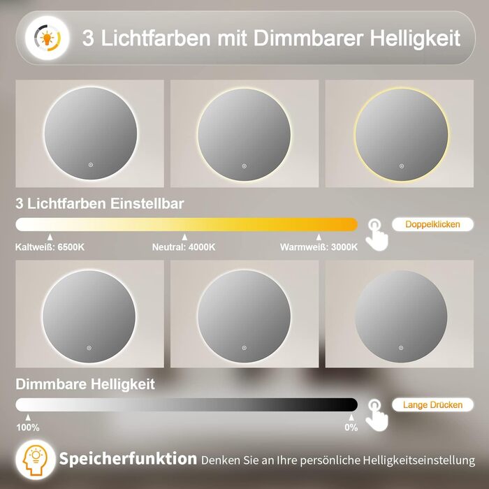 Дзеркало для ванної кімнати LED 40x60 см з підсвіткою, сенсорне керування, 3 кольори світла, IP67, A++, для ванної/вітальні