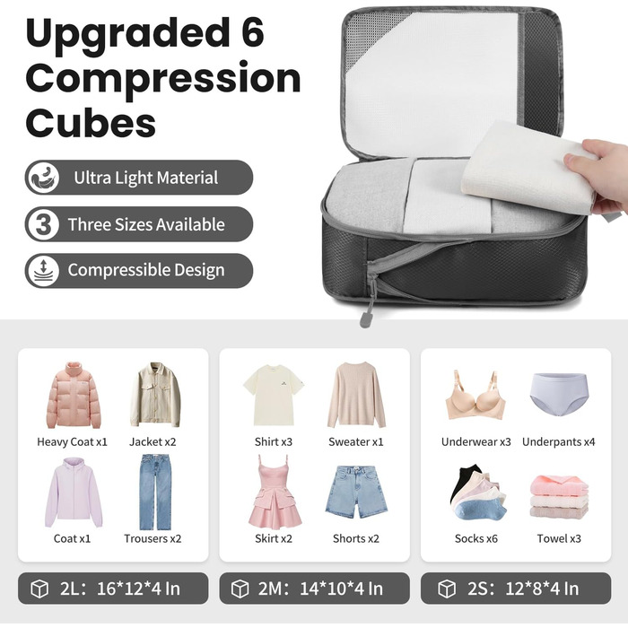 Набір компресійних органайзерів для одягу в подорож 6 шт, прозорі пакувальні куби для валізи, легкі та міцні органайзери для багажу, чорні