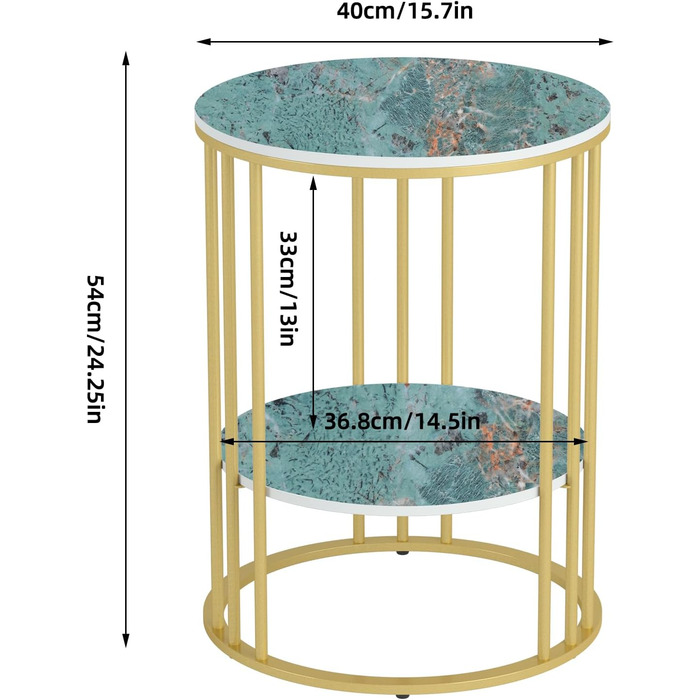 Столик FATIVO круглий, мармур білий, 2 полиці, залізний каркас, 404054см, зелений