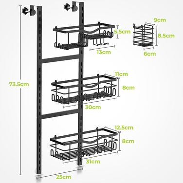 Полиця для душу Dysaim 3 яруси Чорно-матова, без свердління, регулюється під скляну стінку, тримач для шампуню